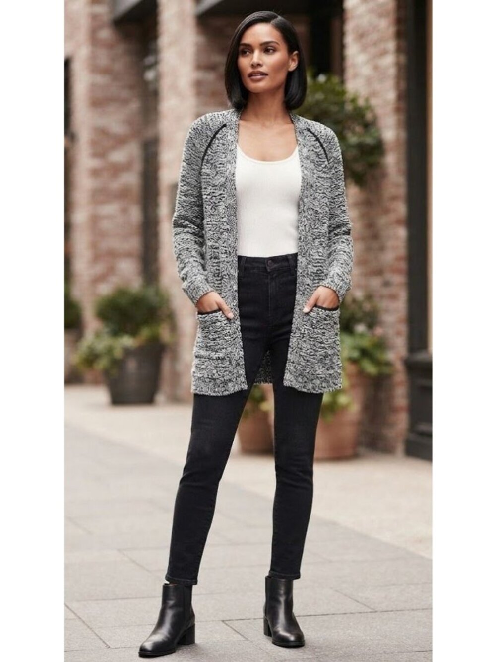 Artisan NY Womens Open Front Cardigan Sweater Small Black & White Linen Blend